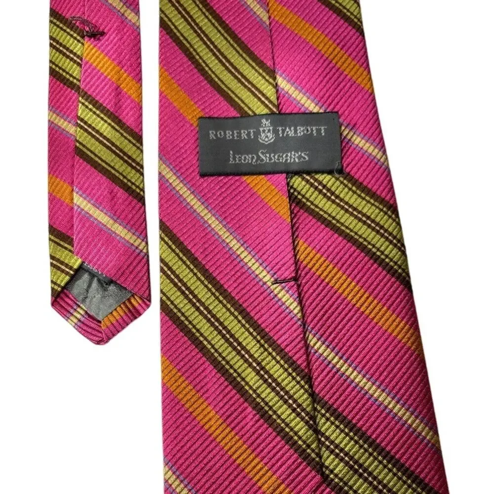 Robert Talbott Men's Silk Neck Tie Pink,Olive, Brown Striped Made in‎ USA